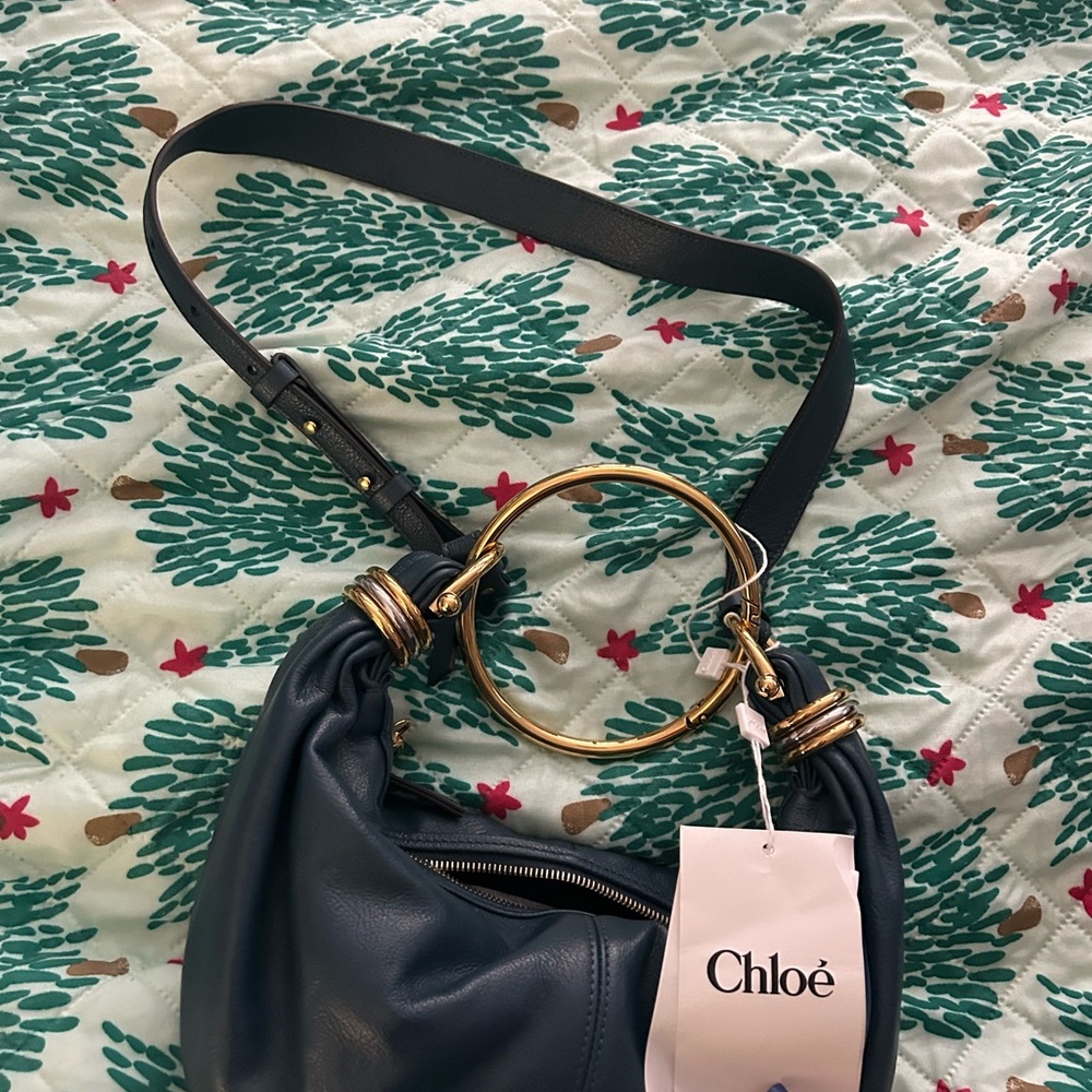 Chloe Dark Blue Leather Shoulder Bag with Gold Accents